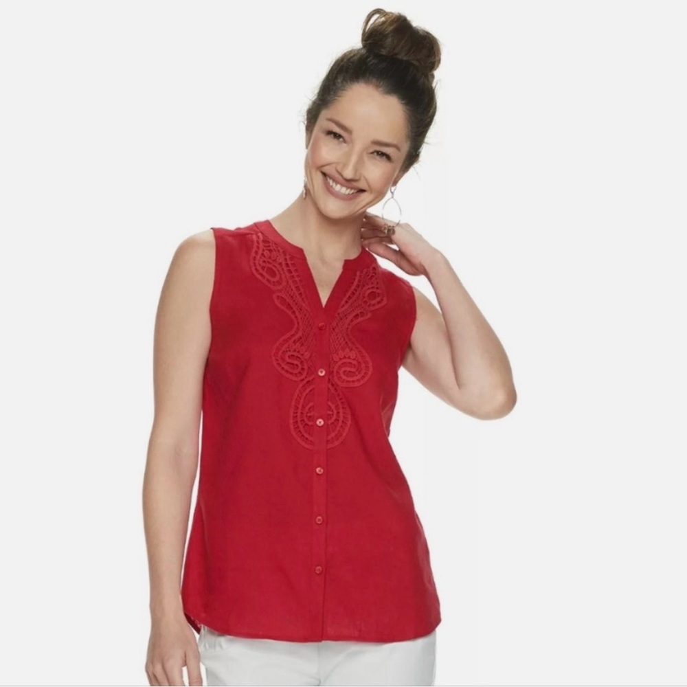 dana buchman | red button up tank top embroidery linen blend